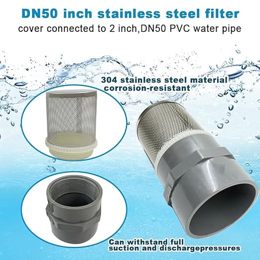 2 inch Stainless Steel Filter Cover Connected to 2 inch/DN50 Grey PVC Filter Water Pipe, Suction Strainers Used to Remove Debris and Reduce Solid Entry（1pcs）