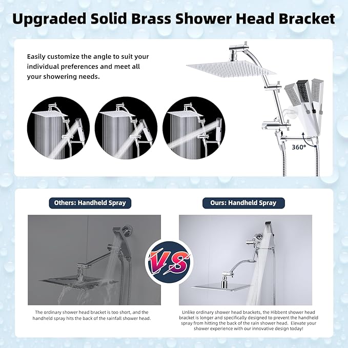 Hibbent All Metal 8'' Rainfall Shower Head, Square Shower Head Combo, High Pressure Handheld Shower Wand, 4 Sprays, 16'' Adjustable Arc-shaped Extension Arm, 71'' Hose, Showerhead Holder, Chrome