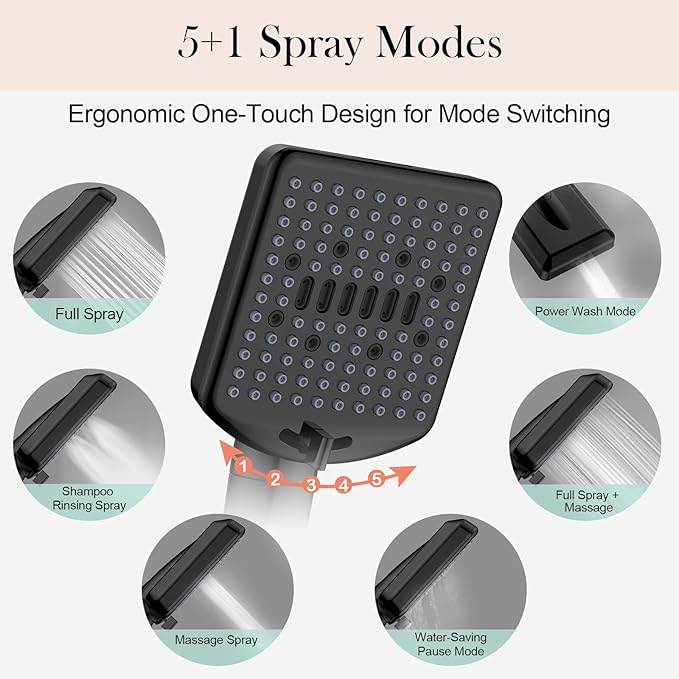 Filtered Shower Head with Handheld Matte Black - High Pressure 6 Modes, 120 Anti-clog Nozzles, Detachable Showerhead with Hard Water Filters, Extra Long 6ft Hose, Power Wash Mode for Bathroom