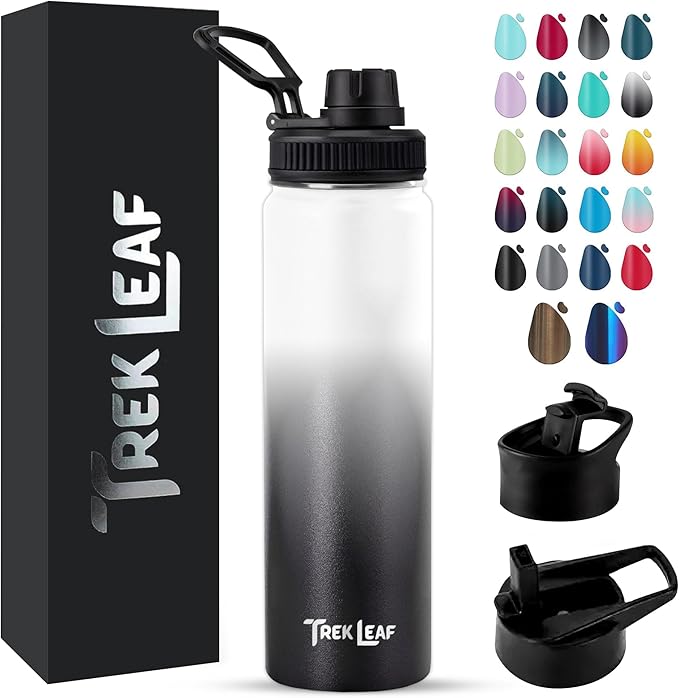 Travel Water Bottle with 3 Lids (Spout, Straw, Flip) Leak Proof, Quality, Vacuum Insulated, Stainless Steel (Day & Night, 22 oz)