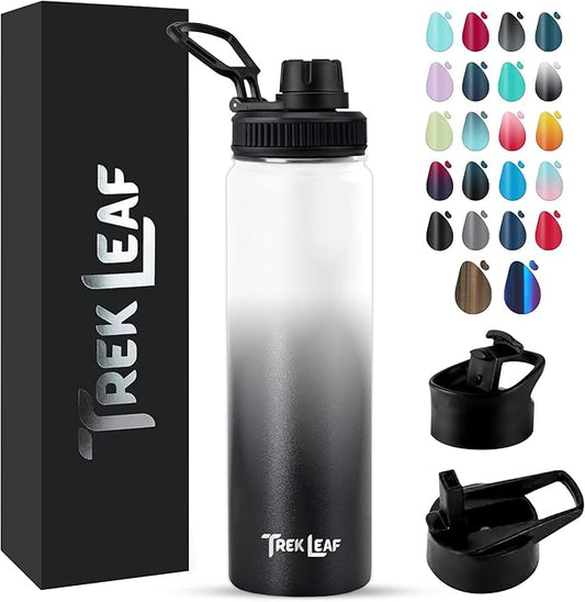 Travel Water Bottle with 3 Lids (Spout, Straw, Flip) Leak Proof, Quality, Vacuum Insulated, Stainless Steel (Day & Night, 22 oz)