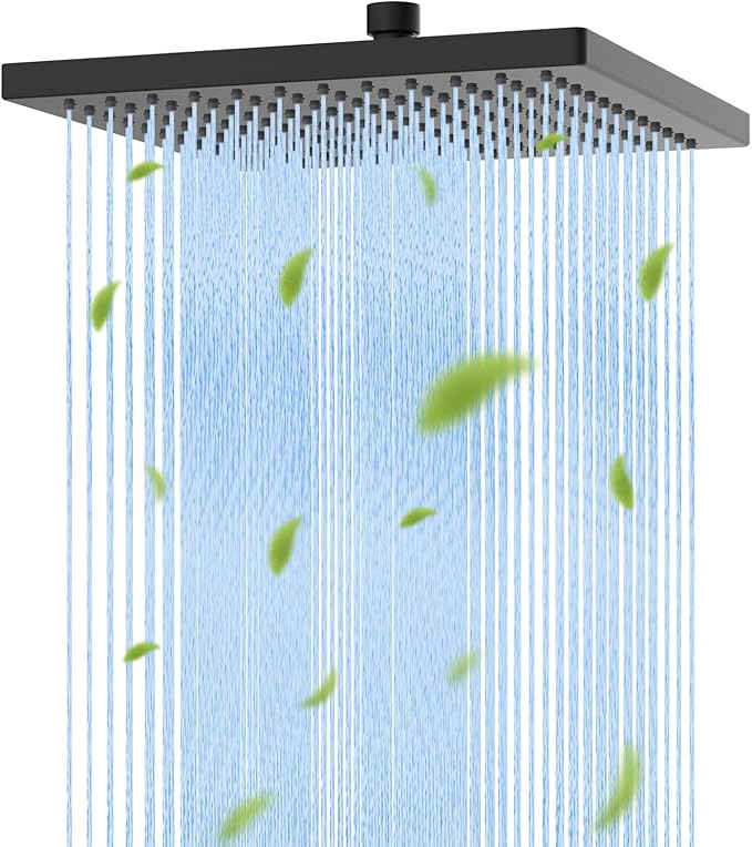 Hibbent Thickness Metal Rain Shower Head, 10 Inch High Pressure Rainfall Shower Head, Square Bathroom Waterfall Shower Heads, High Flow Fixed Showerheads with Adjustable Brass Ball Joint, Matte Black