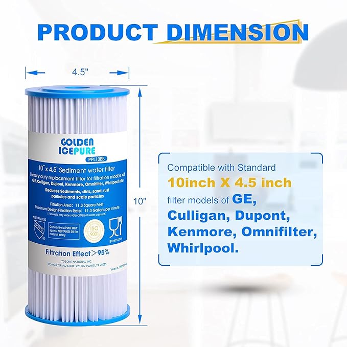 GOLDEN ICEPURE PPL10BB, 5 Micron 10" x 4.5" Whole House Sediment Pleated Water Filter, Compatible with DuPont WFHDC3001, GE FXHSC, Culligan R50-BBSA, R50-BB, W50PEHD, GXWH40L, CP5-BBS 2-PACK