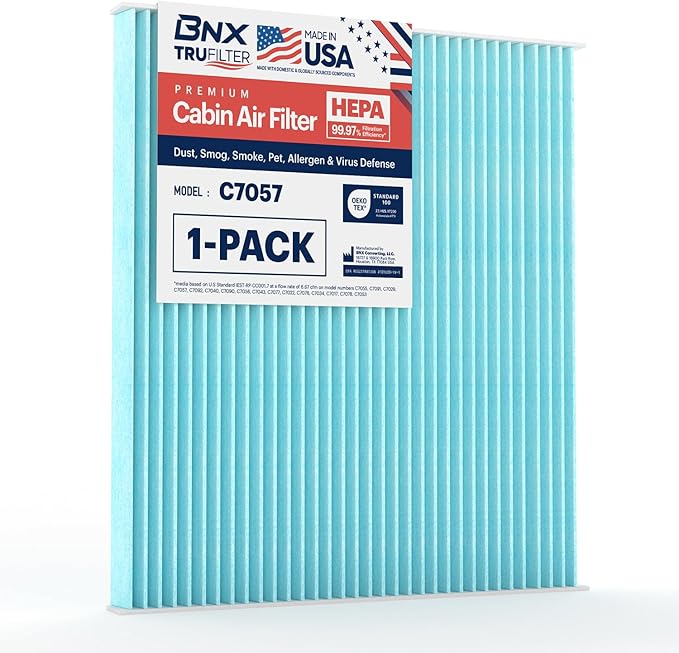 BNX TruFilter C7057 Cabin Air Filter, HEPA 99.97%, MADE IN USA, Compatible with Chevrolet Captiva, Equinox, GMC Terrain, Hyundai Azera, Santa Fe Sport/XL, Sonata, Kia Cadenza, Optima, Sedona