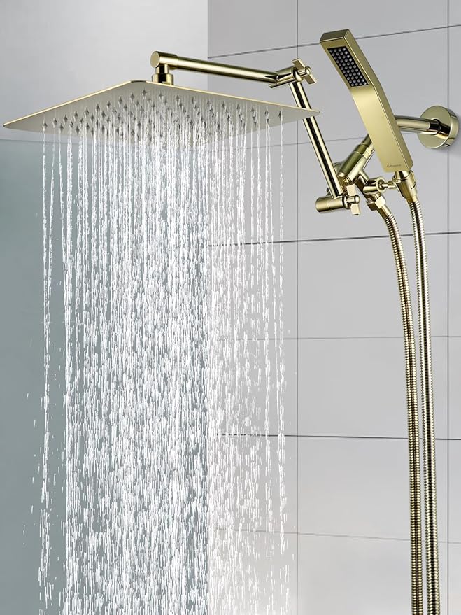 G-Promise All Metal 12 Inches Rainfall Shower Head with Handheld Spray Combo, 3 Settings Diverter, Adjustable Extension Arm with Lock Joints, 71 Inches Stainless Steel Hose (Polished Brass)