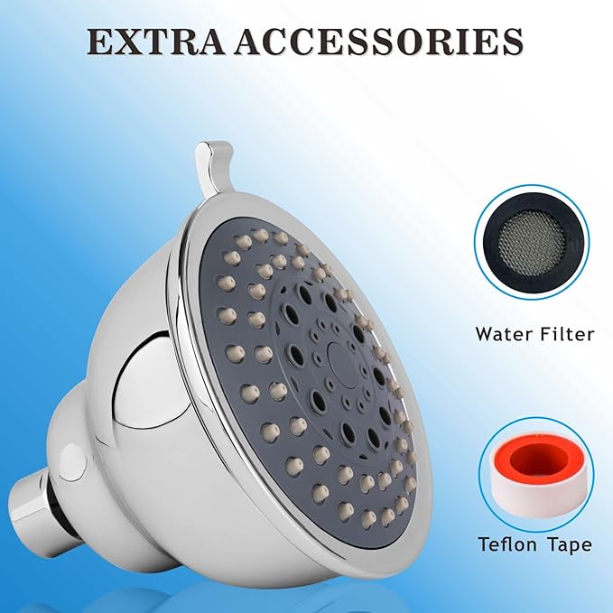 Voolan High Pressure Shower Head - 4 Inches Rain Showerhead - 5 Spray Settings - Luxury Modern Chrome Look - Perfect Adjustable Replacement for Bathroom Shower Heads