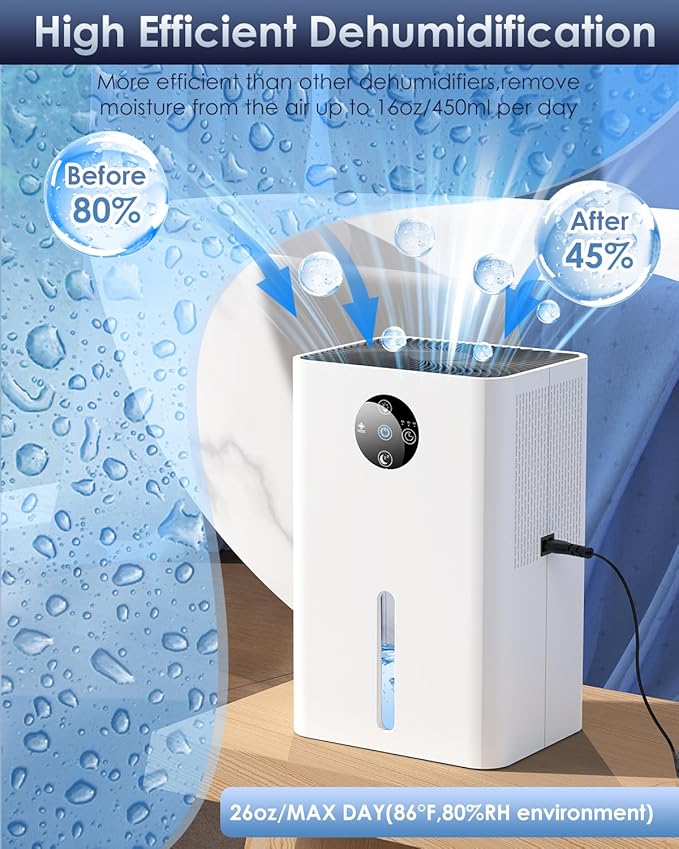 Dehumidifier for Basement, Quiet Dehumidifiers for Home with Auto Shut Off, Auto Defrost, Timer, Sleep Mode, 7 Color Light Portable Small Dehumidifier for Bedroom, Bathroom, Closet, RV - White