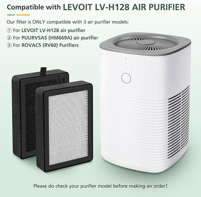 4 Pack LV-H128 Replacement Filter Compatible with LEVOIT LV-H128 / PUURVSAS (HM669A) / ROVACS (RV60) Air Purifiers, 3-in-1 HEPA, Activated Carbon Layer and Pre-Filter