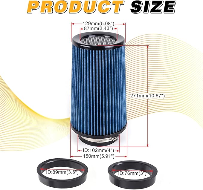 4-Inch Cold Air Intake Filter - Washable, High Performance, 3" or 3-1/2" or 4" Clamp-On Filter Height: 9 In Replacement Cone Air Filter Universal 3 Sizes in 1 (Blue)