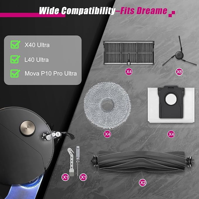 Accessories Kit for Dreame X40 Ultra L40 Ultra MOVA P10 Pro Ultra Robot Vacuum Cleaner, 2 Main Brushes, 4 HEPA Filters, 4 Mop Pads, 4 Vacuum Bags, 6 Side Brushes, 1 Cleaning Brush, 1 Screwdriver