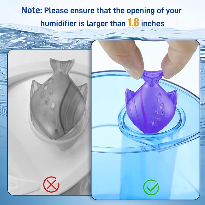 12 Pack Universal Humidifier Cleaner Fish Compatible with Almost All Humidifiers and Fish Tanks, Equipped with Silver Ion Filter Balls, Prevents Hard Water Build-Up, Reduces Scale, Purple