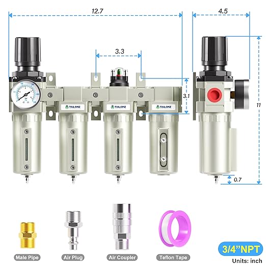 TAILONZ PNEUMATIC 0-240PSI 3/4 Inch NPT Industrial Grade 4 Stage Air Drying System, Double Particulate Filter, Coalescing Filter, Desiccant Dryer and Air Regulator (Manual Drainage）