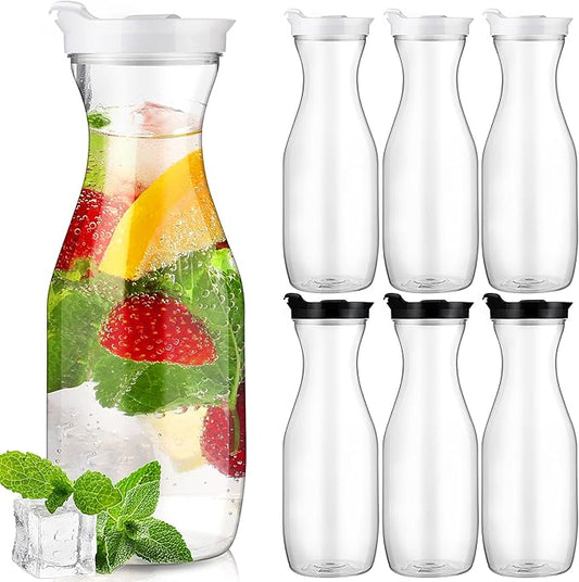 Gejoy 6 Pcs Plastic Water Carafe with Lids 32 oz Clear Juice Pitchers for Mimosa Bar Drinks Milk Iced Tea Beverage Containers for Home Restaurant School Fridge, Not Dishwasher Safe (White,Black Cap)