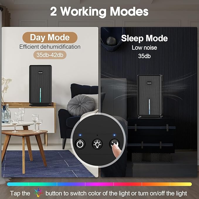 Dehumidifiers for Home, Upgraded 101OZ Dehumidifier (800 sq.ft), Quiet Dehumidifier for Basement, Bedroom, Bathroom, RV, Closet with Auto-off, Sleep Mode, 7 Colorful LED Light, Small Portable, Black