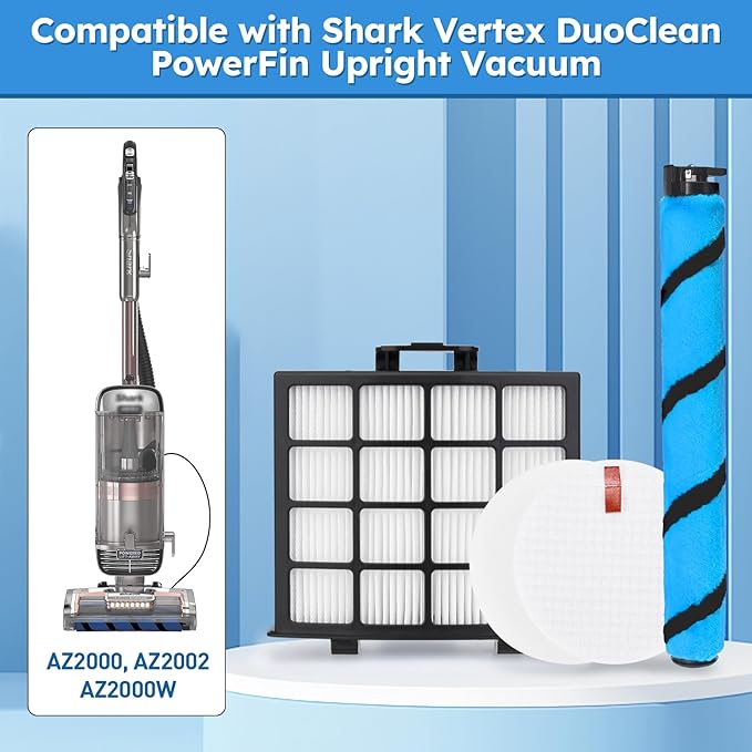 AZ2000 Filter Replacement for Shark Vertex DuoClean PowerFins AZ2002 AZ2000 AZ2000W AZ2001AMZ Upright Vacuum, Part #1483FC2000 XHFAZ2000 XFFKAZ2000, 1 Brushroll, 2 HEPA + 6 Foam Felt Filters