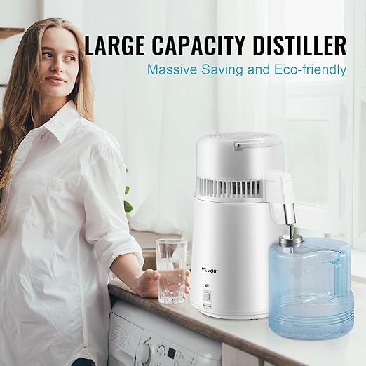 VEVOR Water Distiller, 1.1 Gal Distilled Water Machine, 750W Pure Water Distilling w/BPA Free Plastic Container, Water Distillation Kit w/Button, Countertop Distilled Water Maker for Home, White