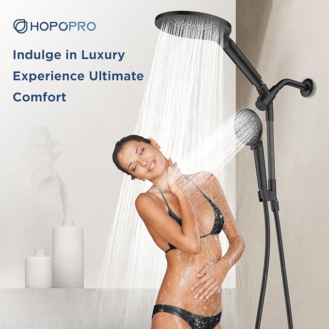 Dual Filtered Handheld Shower Heads Combo, HOPOPRO 15-Mode High Pressure Rainfall Showerheads Combo Set with Filter, for Hard Water, Removes Chlorine, Improves Skin Hair Condition, Matte Black