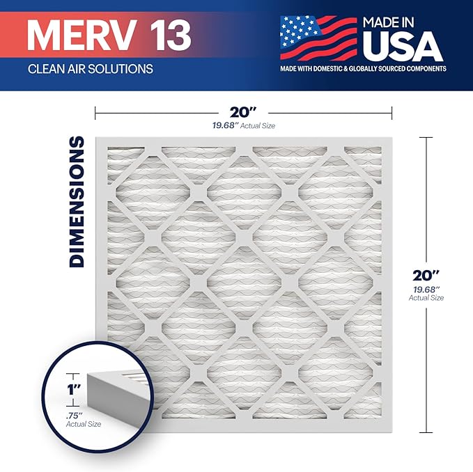 BNX TruFilter 20x20x1 MERV 13 (12-Pack) AC Furnace Air Filter - MADE IN USA - Electrostatic Pleated Air Conditioner HVAC AC Furnace Filters - Removes Pollen, Mold, Bacteria, Smoke
