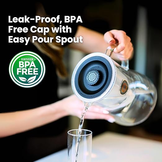 Borosilicate Glass Alkaline Water Pitcher of Life with Stainless Steel Fruit Infuser Glass Water Filter Pitcher with Lid Clearly Filtered Water Pitcher Increases pH NSF/ANSI 42 & 61 Certified Filters