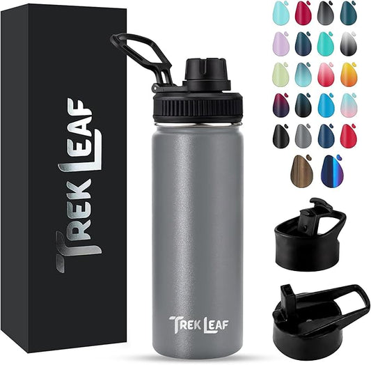 Travel Water Bottle with 3 Lids (Spout, Straw, Flip) Leak Proof, Quality, Vacuum Insulated, Stainless Steel (Gray, 18 oz)