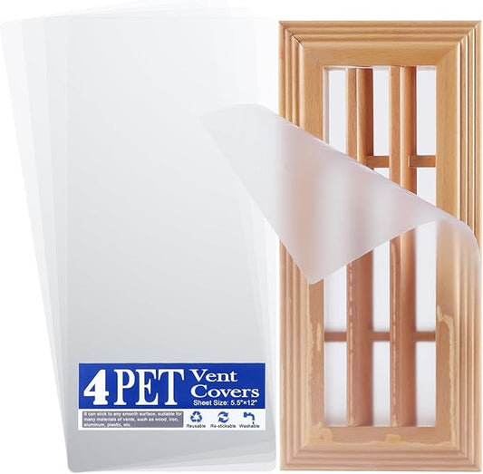 4 Pack PET Vent Covers with Nano Adhesive, 5.5" X 12" for Floor, Wall, Ceiling Vents and Air Registers, for RV, Home, Office AC Vents, Non-Magnetic, Fits on Plastic, Wood, Iron, Aluminum Vent Covers