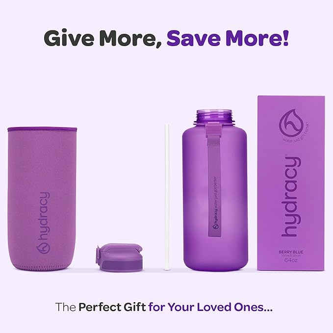 Hydracy Water Bottle with Time Marker -Large BPA Free Water Bottle & No Sweat Sleeve -Leak Proof Gym Bottle with Fruit Infuser Strainer & Times to Drink -Ideal for Fitness Sports & Outdoors