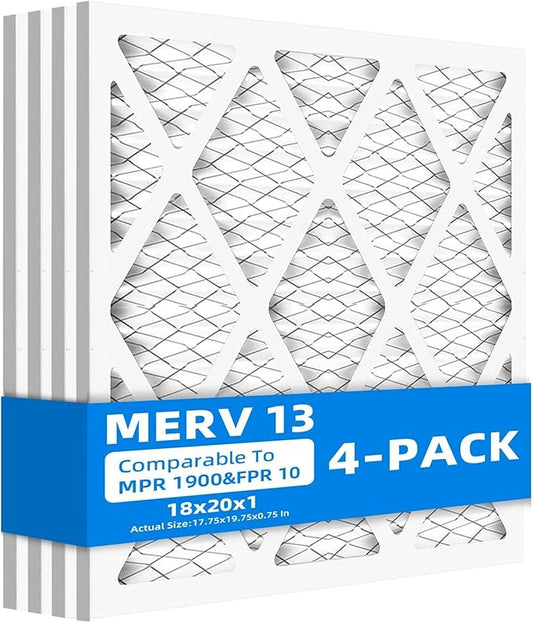 (4 Pack) 18x20x1 Furnace Air Filters, MPR 1900 & FPR 10, MERV 13 Pleated Air Filter (Actual Size: 17.75" x 19.75" x 0.75")