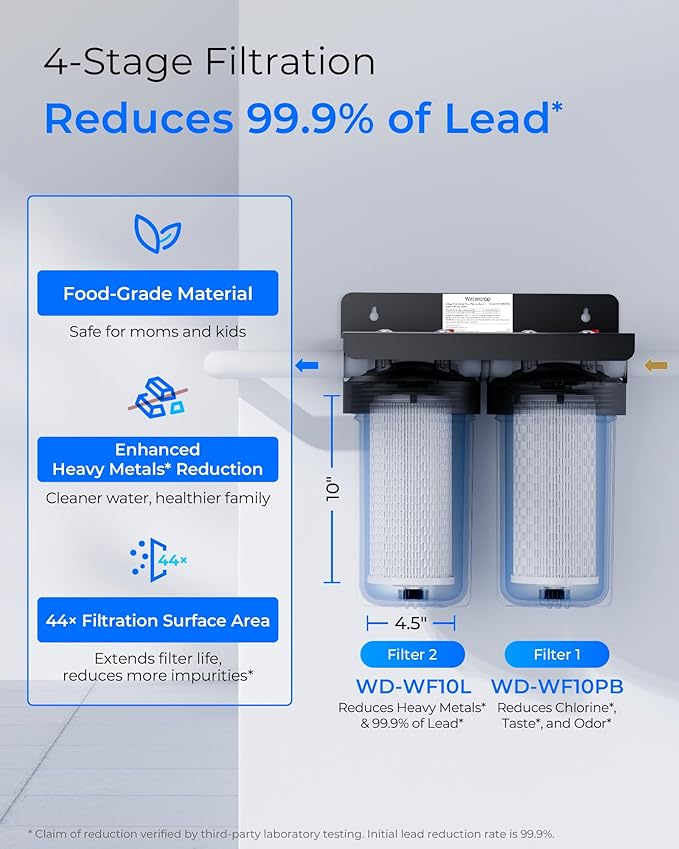 Waterdrop Whole House Water Filter, Sediment Filter Reduce Lead, Chlorine Filter Cartridge, Replacement for GE® FXHTC, GXWH40L, iSpring, Culligan® RFC-BBSA, Whirlpool®, Any 10" x 4.5" System, 5 Micron
