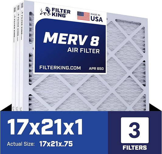 Filter King 17x21x1 Air Filter | 3-PACK | MERV 8 HVAC Pleated A/C Furnace Filters | MADE IN USA | Actual Size: 17 x 21 x .75"