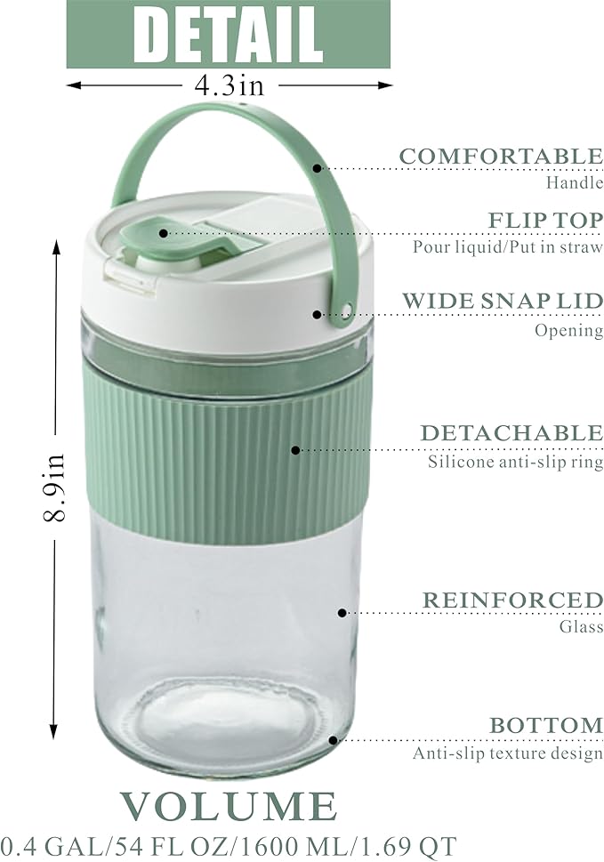 2-Pack Glass Mason Jar Water Pitcher with Lids, 54FL OZ (1600ML) - Large Wide Mouth, Pour Spout & Handle for Cold Brew Tea, Iced Coffee & Cold Drinks - Ideal for Refrigerators & Kitchens