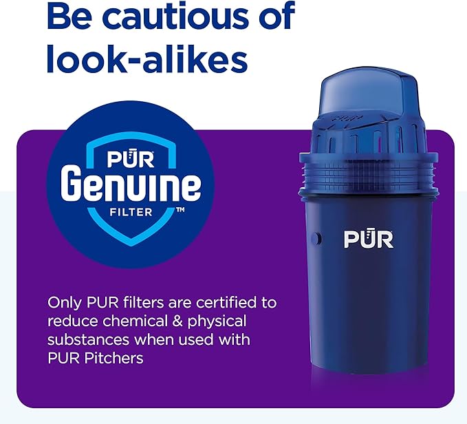 PUR 7-Cup Water Pitcher, 1 Genuine Filter, Cleaner, Great-tasting Water, Dishwasher Safe, Powerful, Faster Filtration, LockFit Cap Design - White