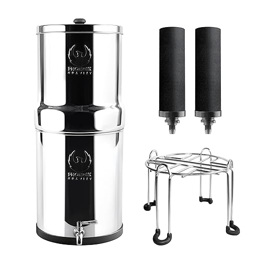 2.25 Gallon Water Filter AISI 304 Stainless Steel Gravity Fed Water Filter System, NSF Certified 2 Smart Carbon Filter Elements, Free Stainless Steel Stand & Water Spigot