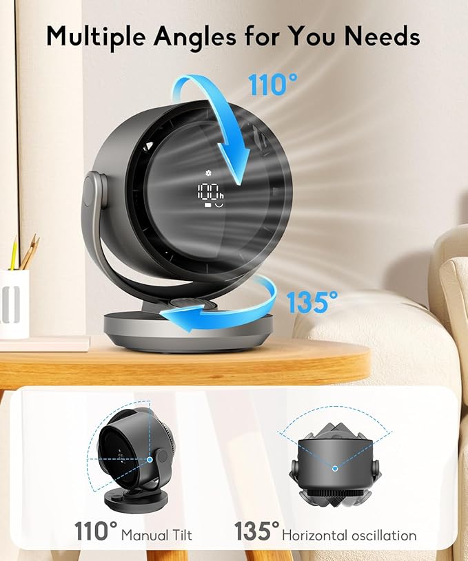 let'me Desk Fan, 100-Speed Table Fan with Digital Display, Rechargeable Portable Fan with Warm Night Light, 135°Auto Oscillating Fan and 12H Timer, Small Quiet Desk Fan for Bedroom, Home, Office