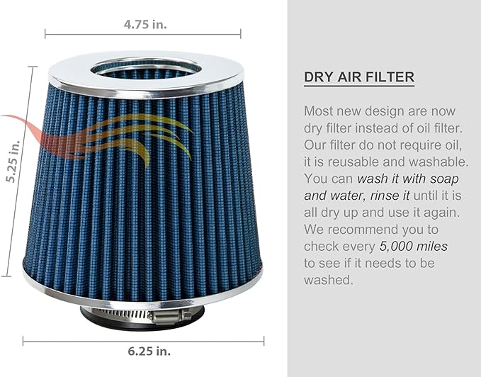 BLUE 2.5" 63.5 mm Inlet Cold Air Cone Replacement Performance Washable Clamp-On Dry Air Filter