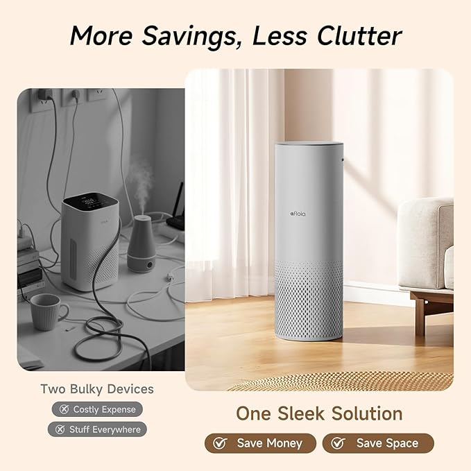 Afloia Humidifier and Air Purifier in One, Air Purifier and Evaporative Humidifier Combo for Home, 24dB Quiet Air Cleaner Remove Pets Dust Dander Hair Allergy Pollen Smoke Smell for Room, Grey