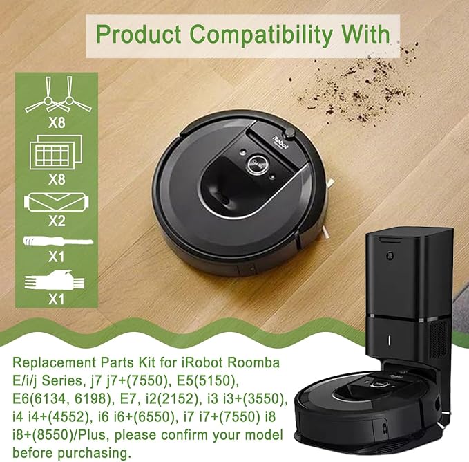 Compatible with Robot E, I & J Series, e5 e6 e7 i1 i1+ i2 i3 i3+ i4 i4+ i6 i6+i7 i7+ i8 i8+ Combo i5 i5+j5 j5+Robot Vacuum, Dual Multi-Surface Rubber Brushes & 8 HEPA Filter & 8 Edge-Sweeping Brushes