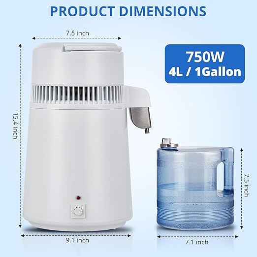 4L Water Distiller,Household Stainless Steel Distilled Water Purifier,Countertop Distilled Water Maker,4 Litre Distilled Water Machine for Home.White Plastic Jug.