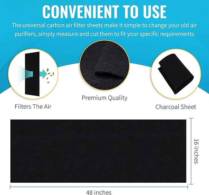 CFS 4-PACK Cut-to-Fit Carbon Pad 16 x 48 inches for Air Filters Charcoal Sheet fits Air Purifiers Range Hoods Furnace Filters removes Odor V O C Parts Accessories Replacement Replenishment and more