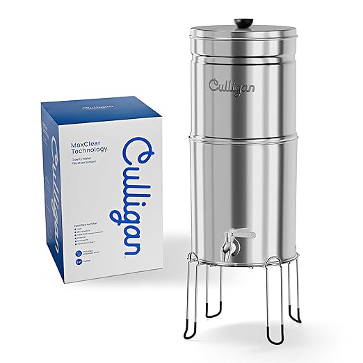 Culligan with MaxClear Technology 2.25 Gallon Gravity Water Filter System, Polished Countertop Ceramic Water Filter NSF/ANSI Certified to Reduce Lead, Microplastics & Total PFAS, with 1 Filter