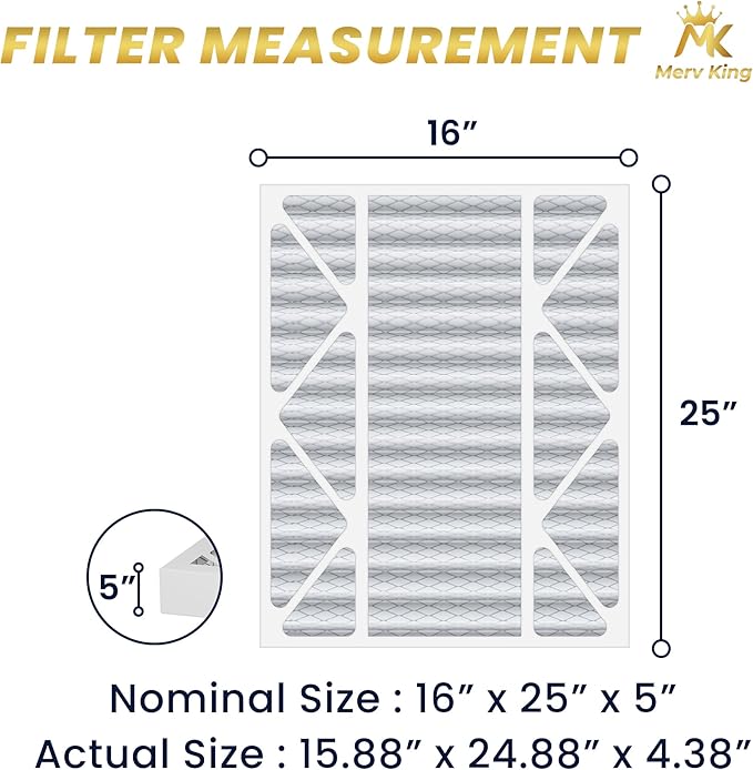MervKing 16x25x5 Air Filter Actual Size: 15.88" 24.88" 4.38" MERV 8 MPR 600-700 | MADE IN USA | 1-Pack | Pleated HVAC AC Furnace Replacement