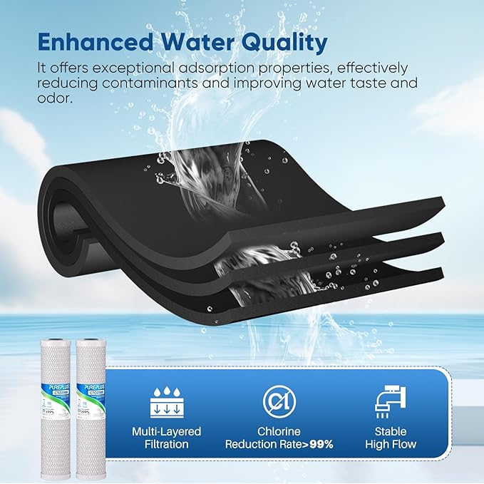 PUREPLUS 5 Micron 20" x 4.5" Whole House Coconut Shell Activated Carbon Water Filter Replacement Cartridge, Compatible with FC25B, EPM-20BB, CB-BB-20, CTO-F20B-5, 155783-43, 2 Pack