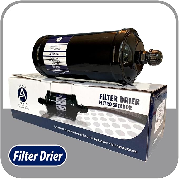 Appli Parts APFD-303 3/8 in Liquid Line Refrigerant AC Filter Drier hvac Refrigeration 303 SAE Flare connection universal unidirectional 10-1/2 in long 3-1/4 in wide