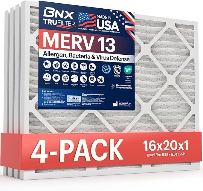 BNX TruFilter 16x20x1 Air Filter MERV 13 (4-Pack) - MADE IN USA - Electrostatic Pleated Air Conditioner HVAC AC Furnace Filters for Allergies, Pollen, Mold, Bacteria, Smoke, Allergen, MPR 1900 FPR 10