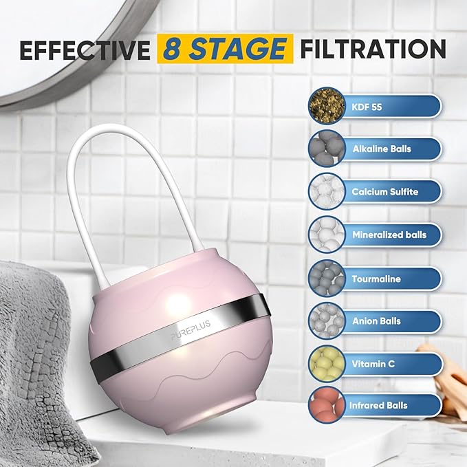 PUREPLUS Bathtub Bath Water Filter for Tub, 8 Stages Kinder Filter for Bathtub, 2500 Gallons Filtration, Removes Contaminants for Softer Skin and Hair, Reduces Chlorine & Heavy Metals, BPA Free, Pink