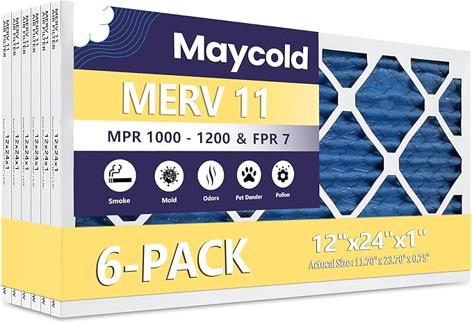 Maycold 12x24x1 MERV 11 Furnace Air Filter (6-Pack), High-Performance HVAC AC Filters for Home Use, Actual Size: 11.70” x 23.70” x 0.75”, Individually Wrapped in Plastic