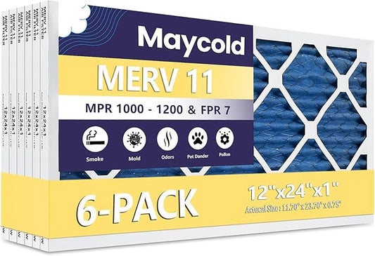 Maycold 12x24x1 MERV 11 Furnace Air Filter (6-Pack), High-Performance HVAC AC Filters for Home Use, Actual Size: 11.70” x 23.70” x 0.75”, Individually Wrapped in Plastic