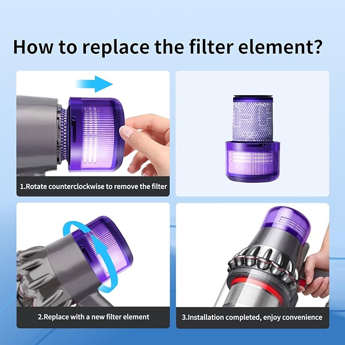 keluke V11 Filter Replacement for Dyson V11 Torque Drive, V11 Animal V11 Complete V11 Extra V15 Detect Submarine Vacuums, Replace Part # 970013-02, 1 Pack Filter and 1 Clean Brush, Purple, LX-V11-1P