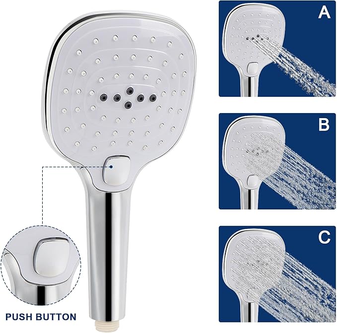 NearMoon Shower Head with Hose, High Pressure Stainless Steel Rain Shower and 3 Settings Handheld Spray Combo with Push Button Flow Control (12 Inch, Chrome Finish)