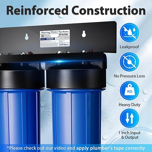 iSpring WGB22B 2-Stage Whole House Water Filter System, Reduces Chlorine, Sediment Water Filtration System for Home w/ 3/4'' Push-Fit Braided Stainless Steel Hose Connectors and Ball Valve