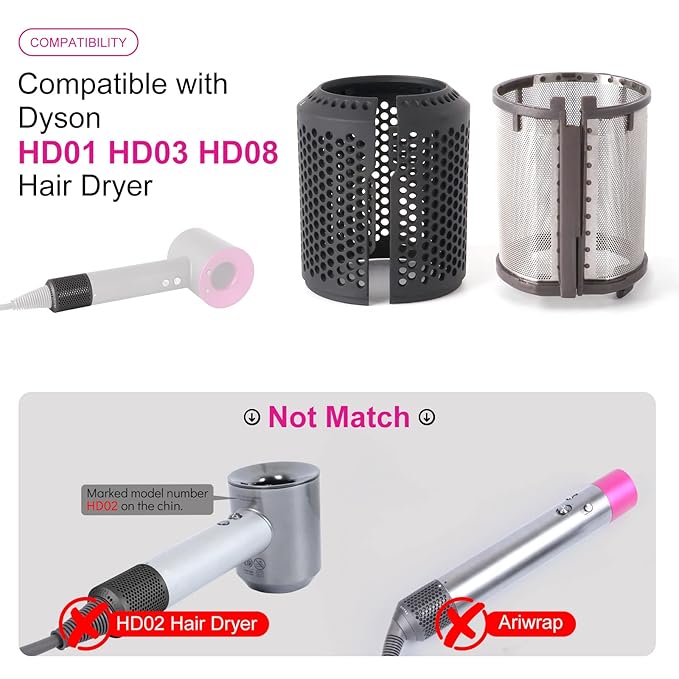 Hair Dryer Inner Filter + Outer Filter Cage Replacement for Dyson Hair Dryer HD01 HD03 HD08 Models, Hair Dryer Filter Mesh Filter Cover Cap Protect Attachments Easy Disassembly (Grey)